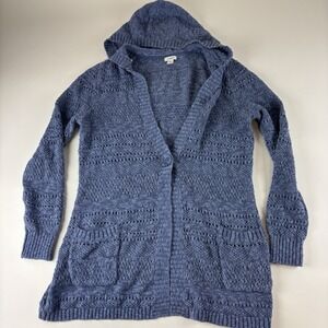 LL‎ Bean M Open Knit Hood Blue Cotton Linen Blend Crochet Long Cardigan Medium